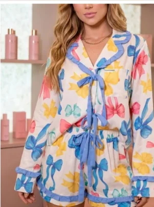 Pijama Laços Frontal Shorts Azul