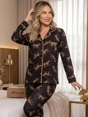 Pijama Leopardo Manga Longa Preto
